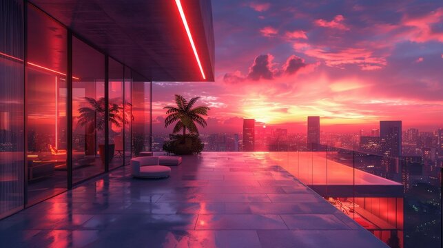 View from penthouse at sunset with palm and city view