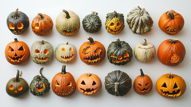 Collection of halloween pumpkins with spooky faces arranged on white
