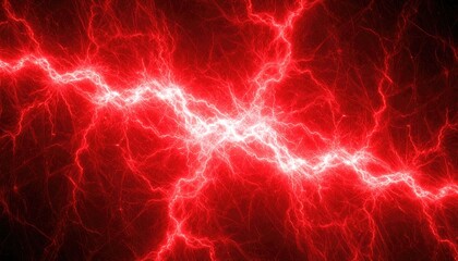 A vibrant display of red lightning bolts illuminating the dark background