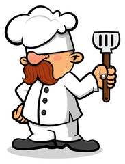 A funny cartoon chef with a big mustache is holding a spatula. This design is perfect for stickers, logos, and mascots for a restaurant