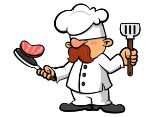 Naklejka premium A funny cartoon chef with a big mustache is cooking a beef with a pan and spatula. This design is perfect for stickers, logos, and mascots for a steakhouse
