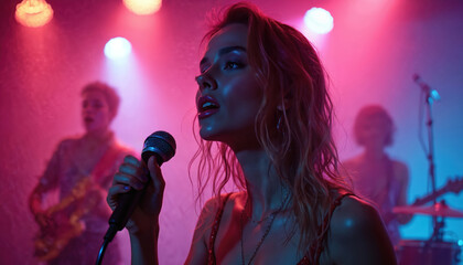 Singer with long blonde hair performs live music on stage. Vibrant red dress against backdrop of music band, guitarist, drummer. Warm pink, blue lights create inviting atmosphere, energetic stage