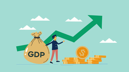GDP Gross domestic product, value of goods and service produced by a country in a certain time, balance of import and export, businessman stand with money bag with GDP word and growing graph and chart