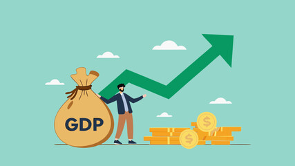 GDP Gross domestic product, value of goods and service produced by a country in a certain time, balance of import and export, businessman stand with money bag with GDP word and growing graph and chart