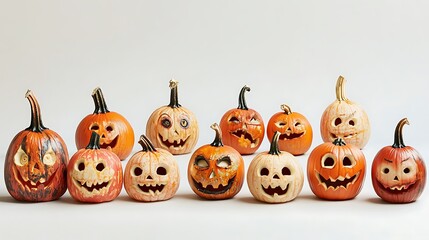 Set of halloween pumpkins with unique carved faces on white backdrop