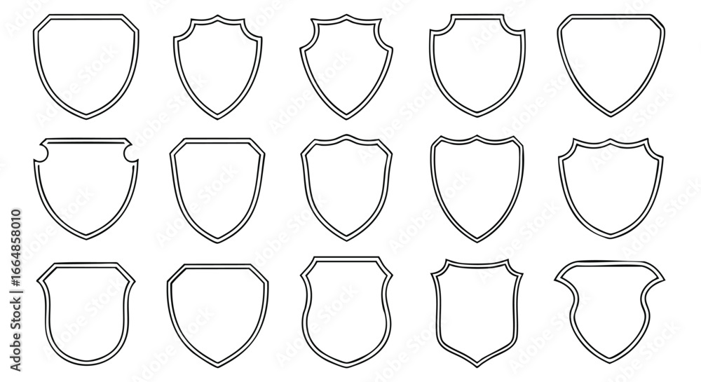 Poster collection of 15 shield emblems outlined with simple black lines displayed in multiple variations fo