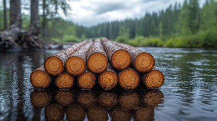 Logs on a calm river mirror the serene green forest surroundings