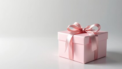 Fototapeta premium Pink gift box with white ribbon on gray background. Elegant, stylish, decorative. Minimalistic design, chic, fashionable, artistic. Perfect for celebration, occasion, surprise, holiday, event, festive