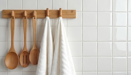 White kitchen countertop with wooden spoon rack holding four spoons in neat row. Two white towels hang from rack, adding touch of homeliness to serene kitchen scene with light blue background.