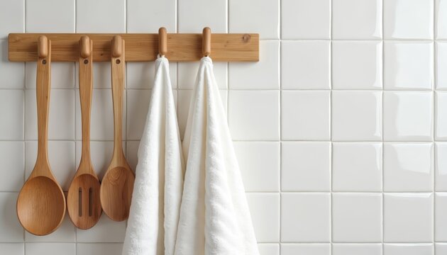 White kitchen countertop with wooden spoon rack holding four spoons in neat row. Two white towels hang from rack, adding touch of homeliness to serene kitchen scene with light blue background.