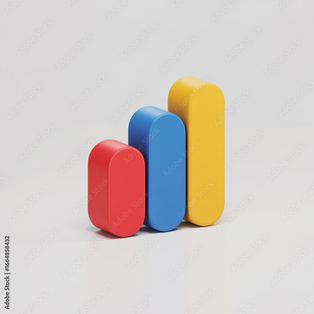 Poster three colorful rectangular erasers red blue and yellow arranged in ascending order on a plain backgr