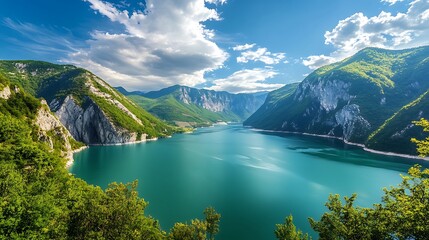 Emerald Lake Surrounded by Majestic Mountains Under a Bright Blue Sky Filled with Clouds