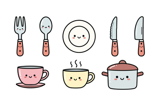 Cute cartoon fork spoon plate knife cup pot with smiling faces food kitchen