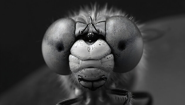 Dragonfly Head Close-Up, Black and White