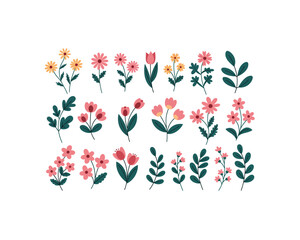 Collection of Cute Floral Elements with Pink and Yellow Flowers and Green Leaves on White Background