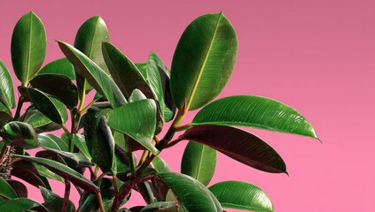 Obraz premium Lush green leaves against a vibrant pink backdrop.