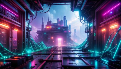 Futuristic Neon Grid Background with Glowing Blue Lines