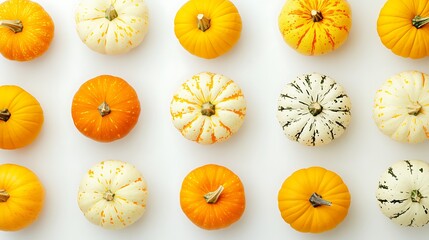 Group of halloween pumpkins arranged randomly on white background