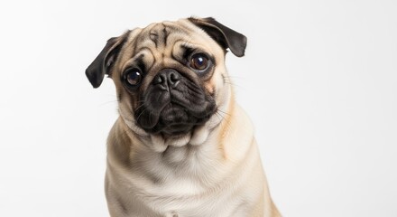 Obraz premium A fawncolored pug with a wrinkly face and dark eyes looks at the camera on a white background