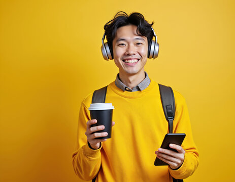 Young smiling Asian guy in bright yellow sweater wears headphones holding takeaway coffee cup and smartphone against yellow backdrop. He looks happy, holding phone and beverage, ready for his day. - Powered by Adobe