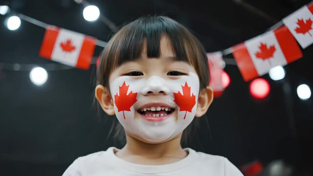 Happy child with Canadian flag face paint smiling and blinking at the camera during Canada Day celebration with maple leaf decorations and patriotic festive background
