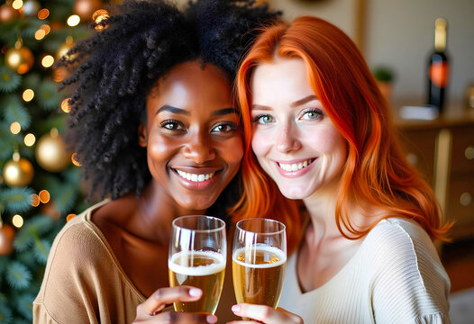 Happy African American woman and red-haired European woman celebrating Christmas with champagne glasses in front of a decorated Christmas tree.