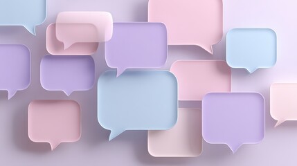 Cluster of 3D Speech Bubbles in Soft Blue and Pink Tones on Purple Background – Messaging, Social Interaction, Digital Communication and Chat Interface Concept