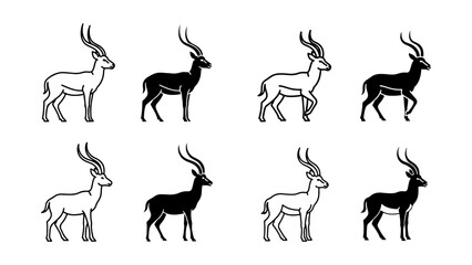 Set of Stylized Gazelle Antelope Illustrations in Various Poses, Black Silhouette and White Outline