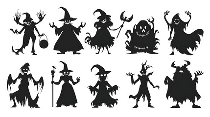 Naklejka premium Collection of halloween silhouette characters black icons vector isolated on white background