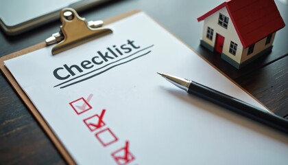 Home buying checklist with pen, miniature house. Essential organization tool for efficient process planning, task management, property assessment. Ensure essential steps covered for smooth