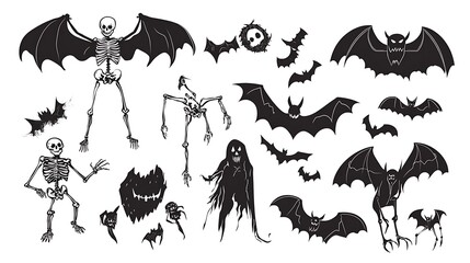 Halloween themed black silhouette icons of skeletons and bats vector isolated on white