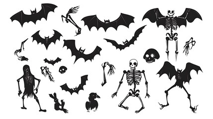 Halloween themed black silhouette icons of skeletons and bats vector isolated on white