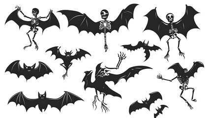 Halloween themed black silhouette icons of skeletons and bats vector isolated on white