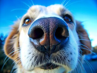 Close up of a dog s wet nose and snout with bright blue sky background