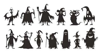 Black halloween character silhouettes vector isolated on white background with spooky figures