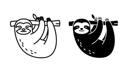 Adorable cartoon sloth hanging from a branch in line art and silhouette styles