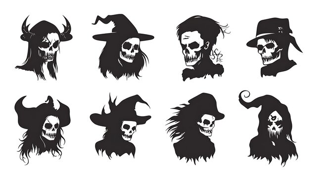 Set of halloween black silhouette icons featuring skulls and witches vector isolated on white