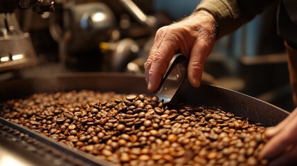 Fresh roasted coffee beans being checked for quality by hand