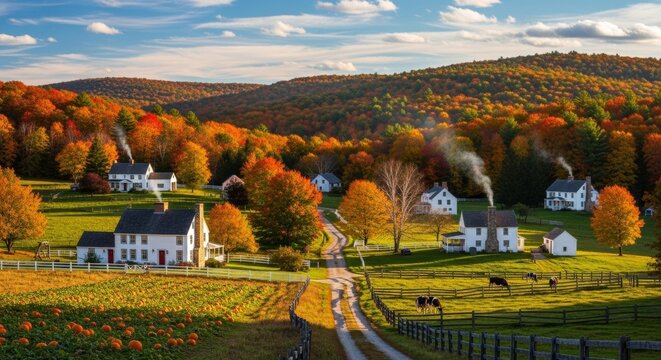 A picturesque countryside scene in the New England region of the USA, showcasing vibrant autumn foliage and charming farmhouses