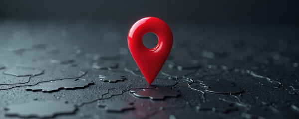 Illustration of a shiny red location pin on a dark textured surface with map-like contours. Symbolizes navigation, destination, and digital mapping for travel apps or technology concepts.