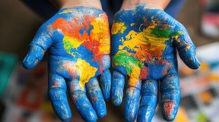 World map painted on hands with colorful paints.