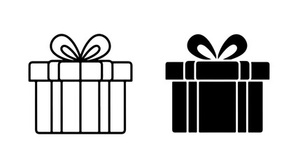 Two contrasting gift box icons, one in outline style and one solid black, featuring a decorative bow.