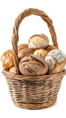 Fresh Baked Bread Rolls in Rustic Wicker Basket Isolated on White Background Studio Shot