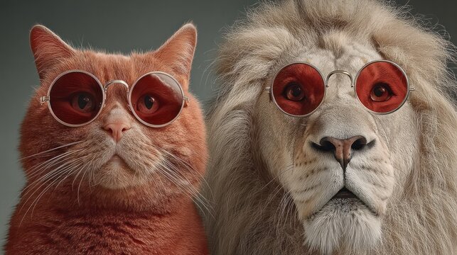 A cat and lion pose together in stylish round sunglasses, exuding confidence