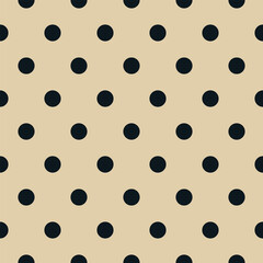 Soft beige background with contrasting dark navy polka dots, seamless vector pattern for fabric and home decor.
