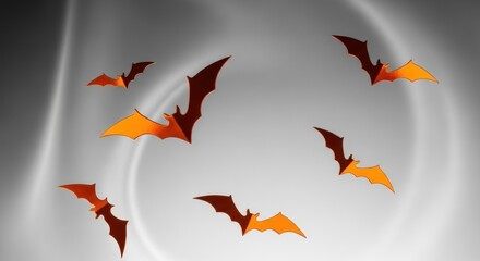 A halloween themed image featuring several stylized bats against a blurred gray and white background