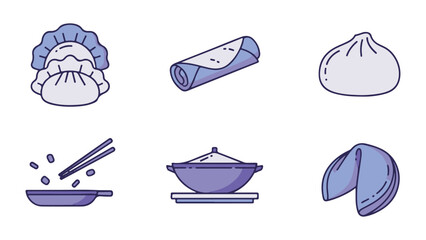 Flat Design Vector Icons of Asian Cuisine Dishes and Cooking Tools, Including Dumplings, Steamed Buns, and Wok