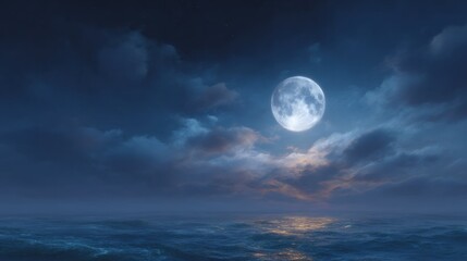 Radiance of the full moon reflects off gentle ocean waves under a twilight sky