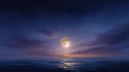 Obraz premium Bright full moon reflects on calm ocean waves, creating a serene atmosphere at dusk