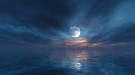 Obraz premium Soft waves ripple as the full moon casts shimmering light over tranquil ocean waters